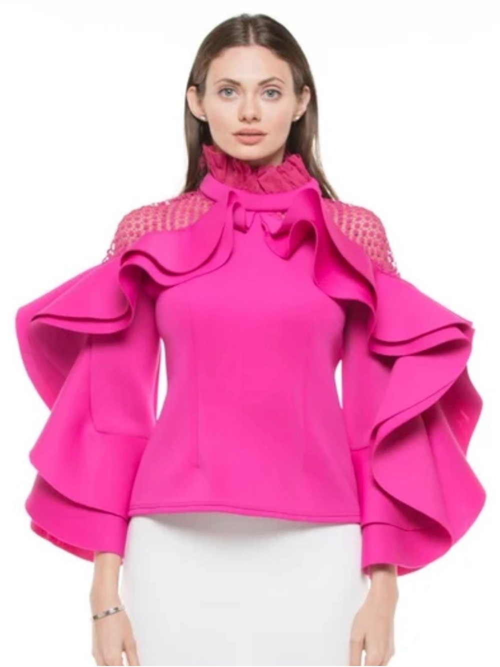 Why Dress Size XL Pink Ruffle Lace Sheer Top Blouse Women Modern